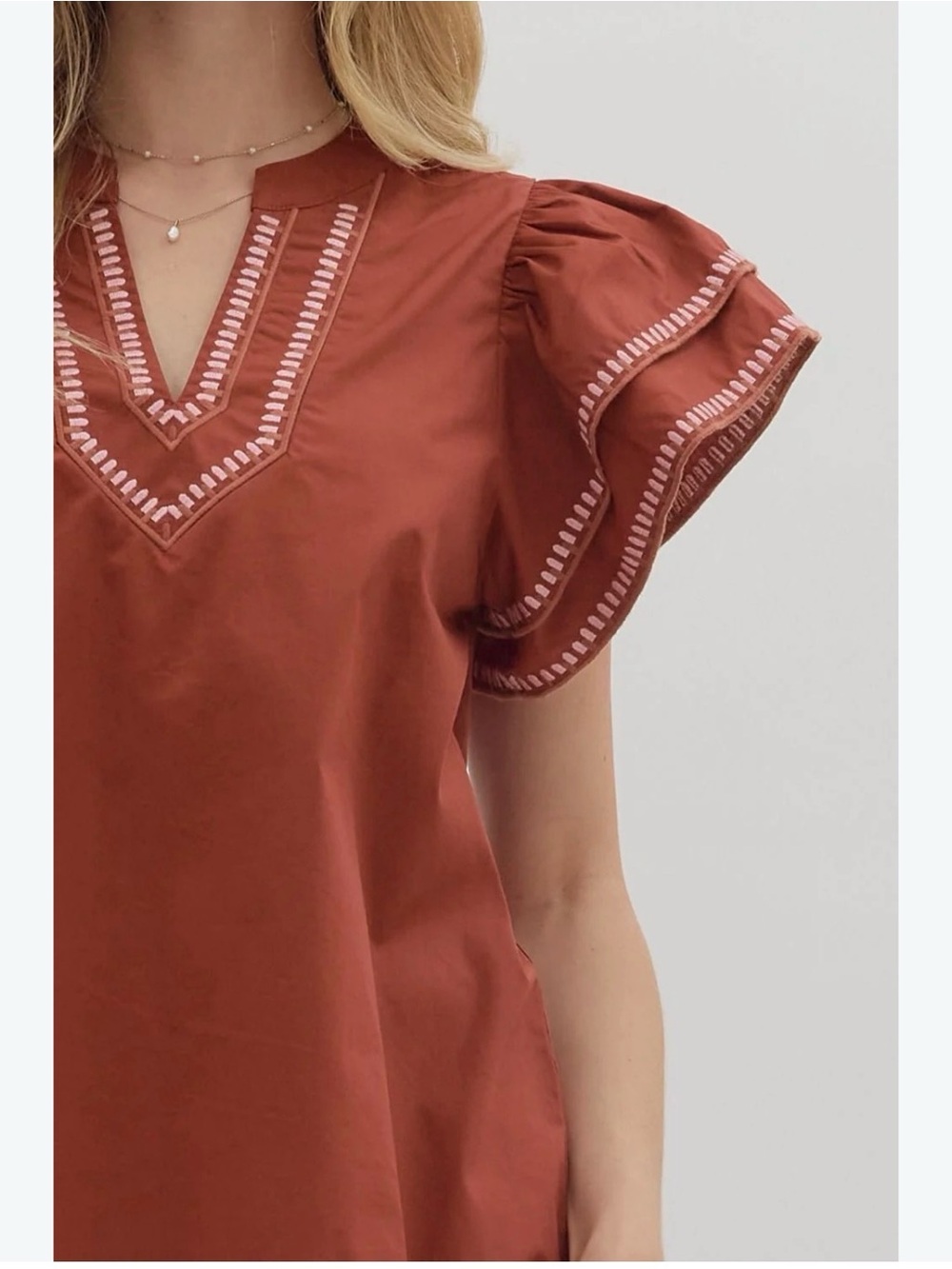 Entro Rust Embroidered Flutter Sleeve Top